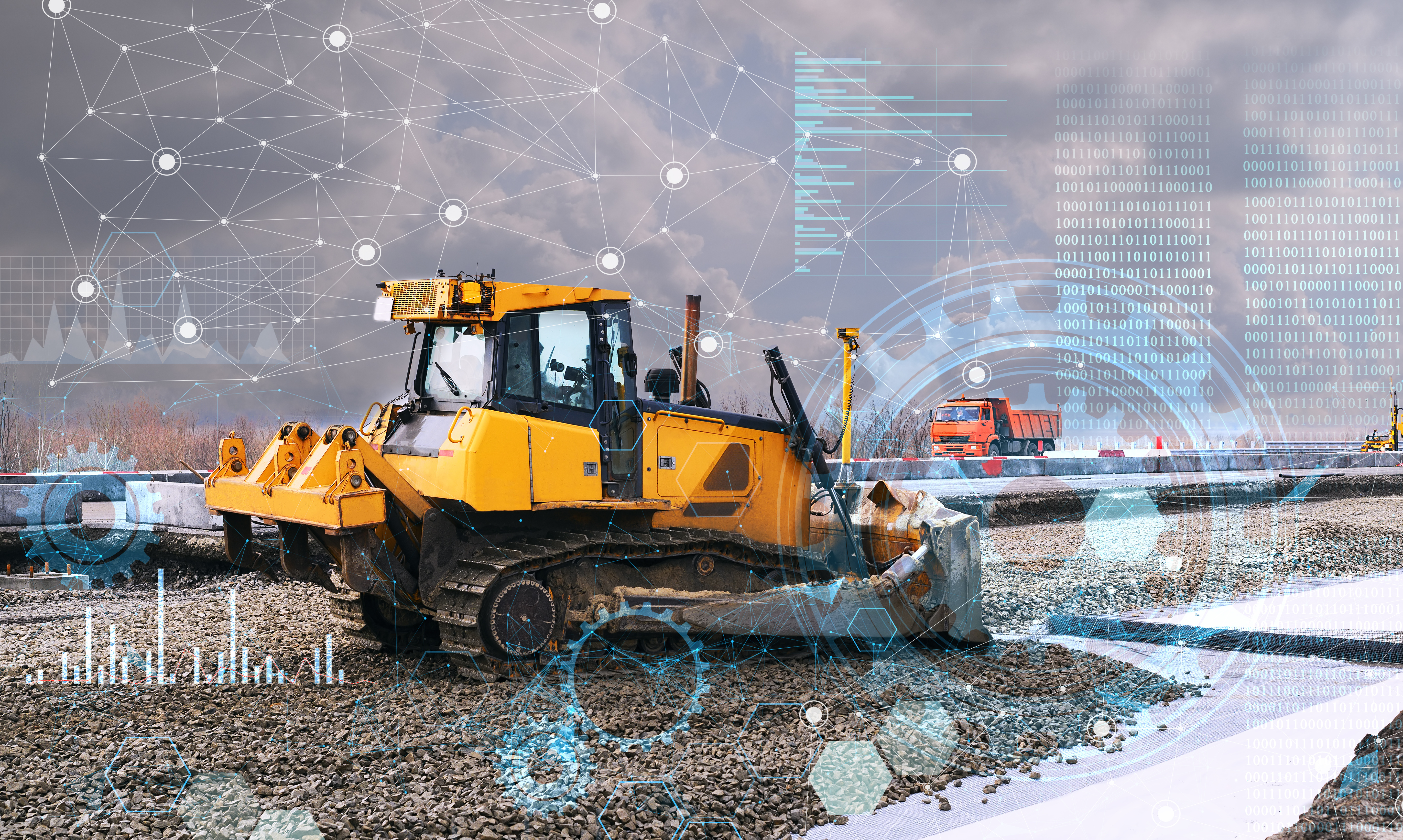 RFA Engineering’s smart construction solutions, featuring a bulldozer at a construction site with digital overlays representing advancements in autonomous systems and data-driven technology integration.