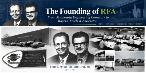 Historical montage celebrating the founding of Rogers, Freels & Associates, Inc., with founders' portraits and vintage engineering imagery.