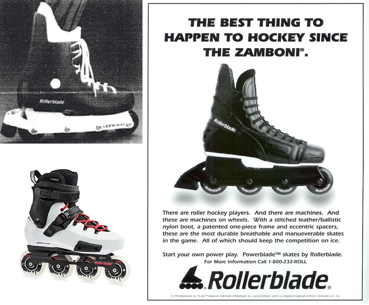 Vintage roller hockey skate advertisement showing progressive designs from classic to modern inline skates with wheels.