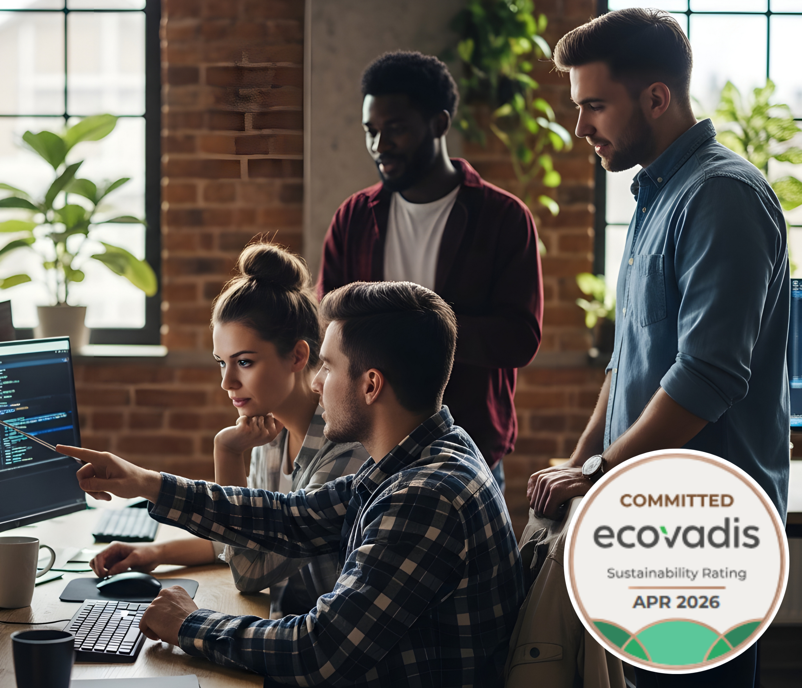 Team of professionals collaborating at a desk with laptops in a brick-walled office; ecovadis badge partially visible in the corner.
