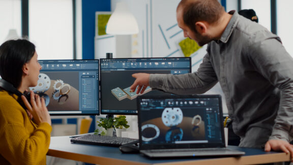 RFA Engineering team members collaborating on a 3D design project, analyzing mechanical components displayed on multiple screens.
